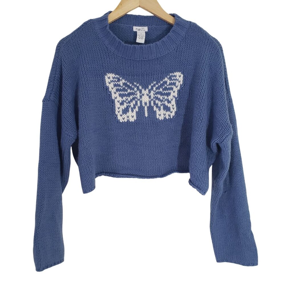 Rue21 Juniors Blue Cropped Knit Sweater White Butterfly Long Sleeves‎ Size M